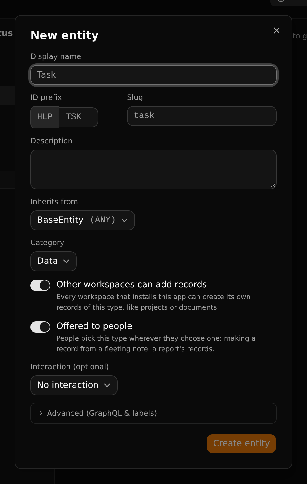 The New entity dialog