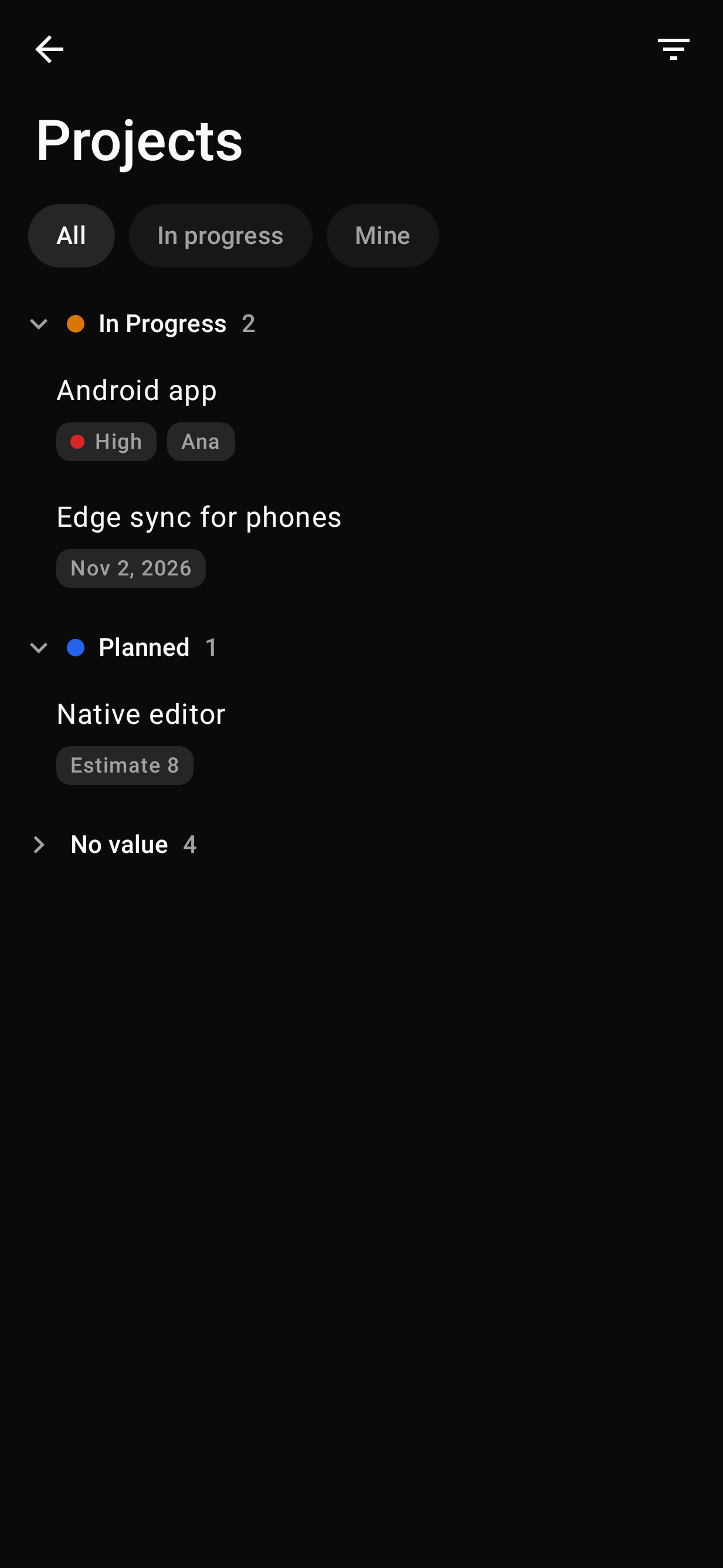 A list grouped by status