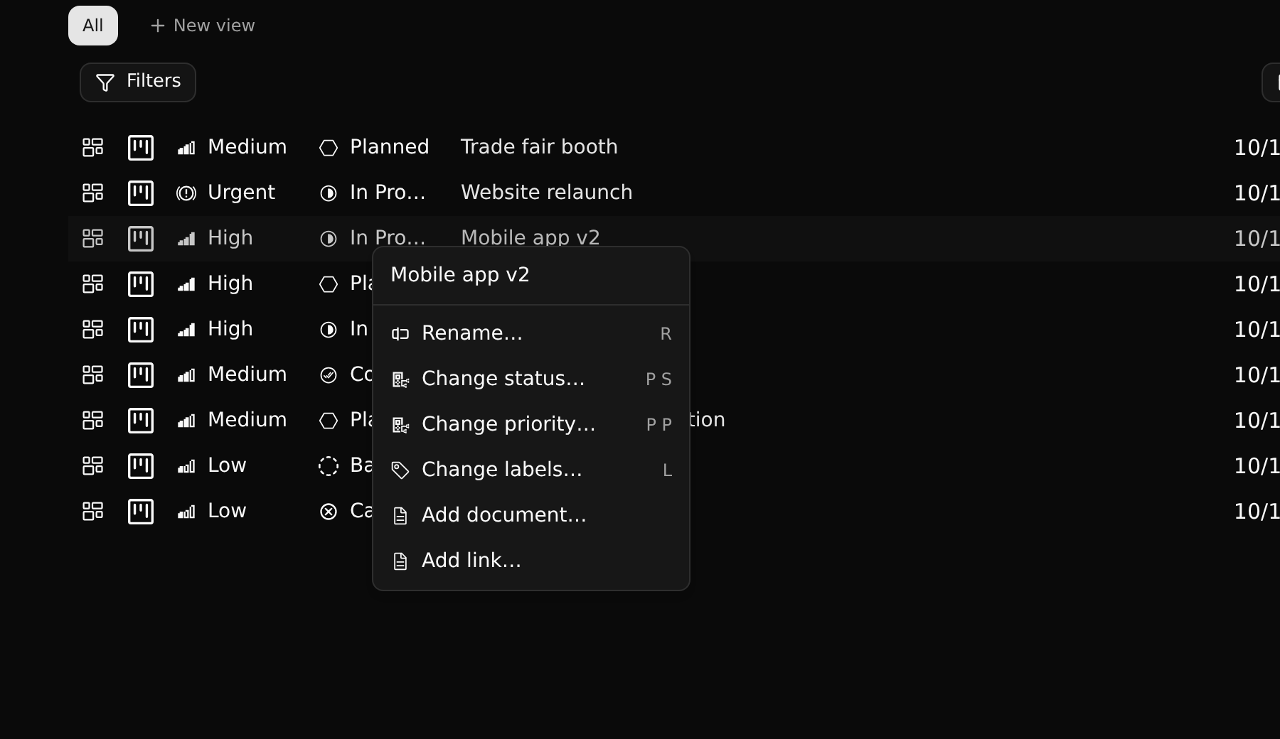 The menu of a row
