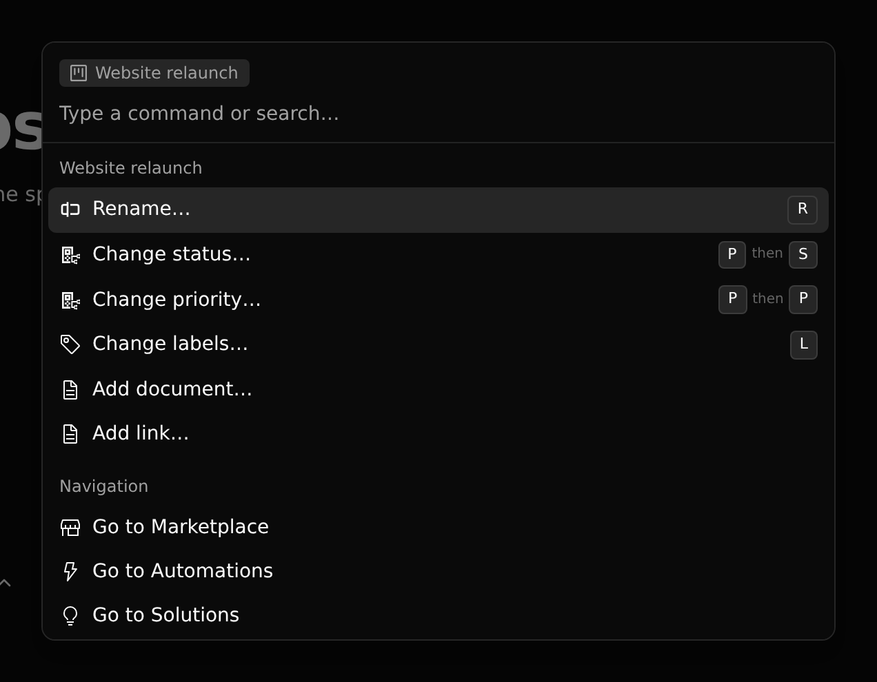 The command palette on a project