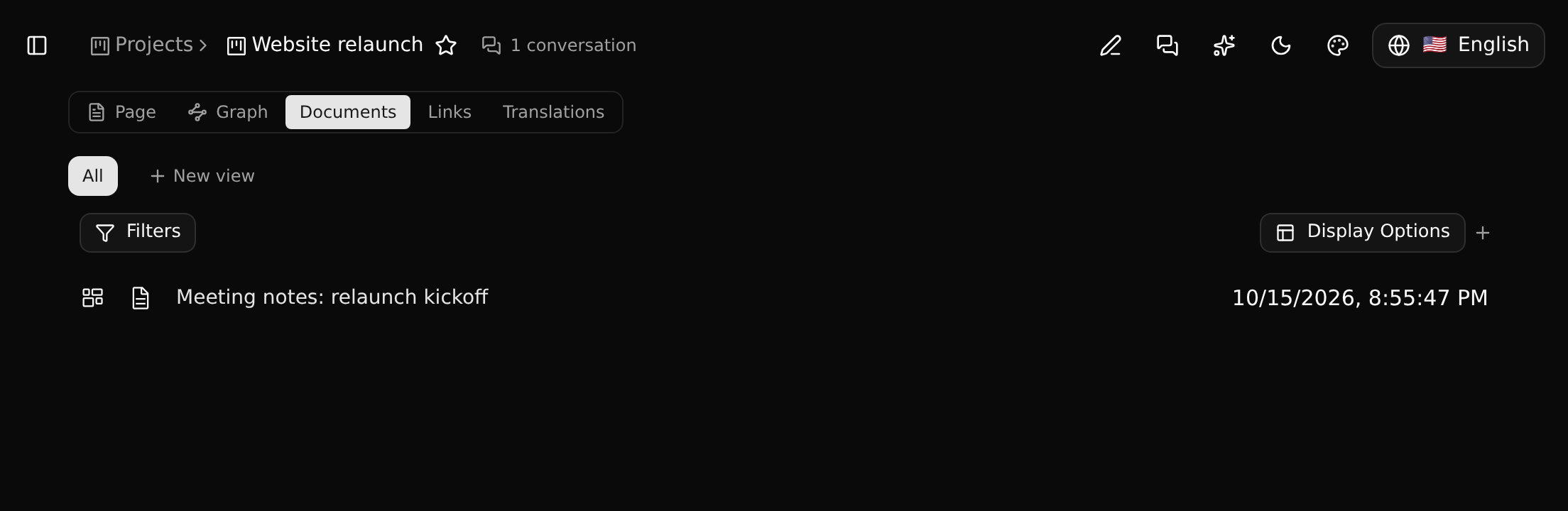 The documents of a project, on their own tab