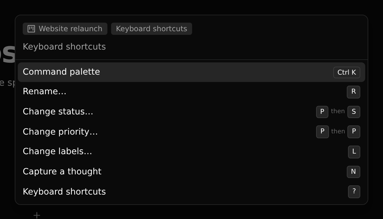 The list of shortcuts