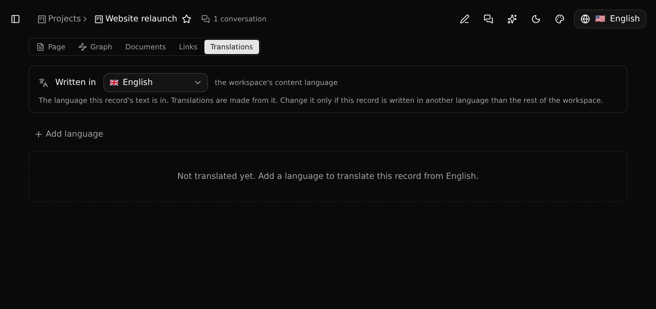 The Translations tab of a record