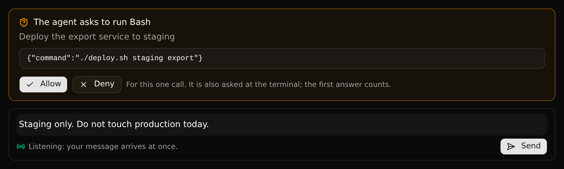 The message box, with a request for approval above it