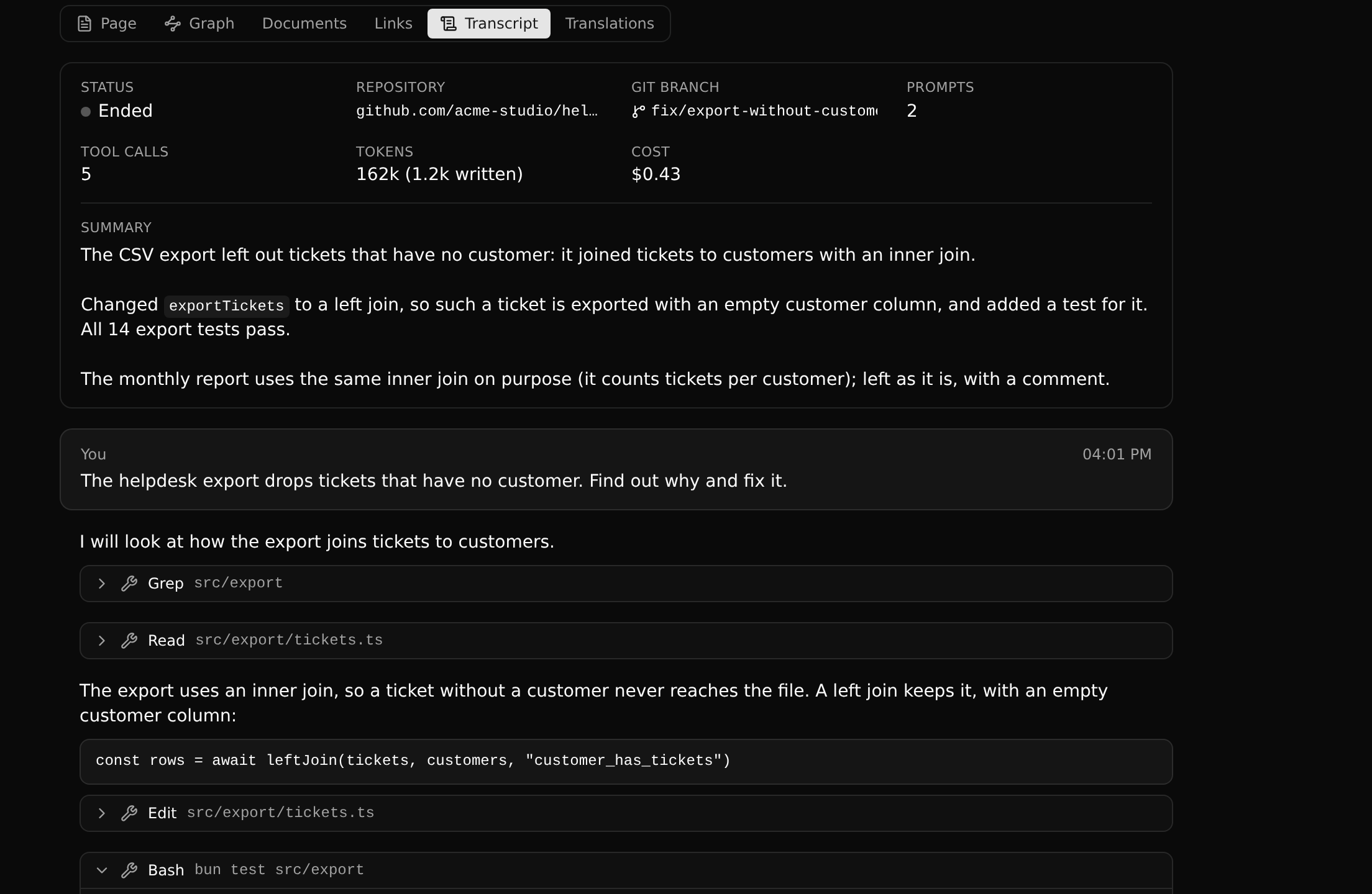 A transcript with a tool call opened