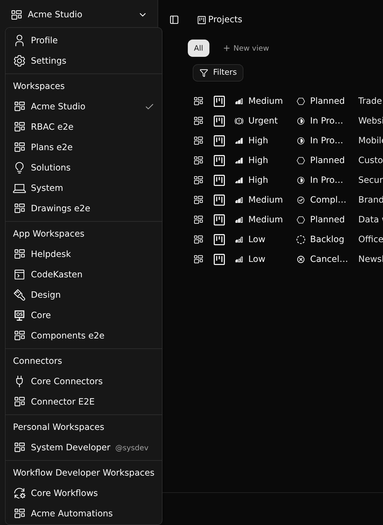 The workspace menu