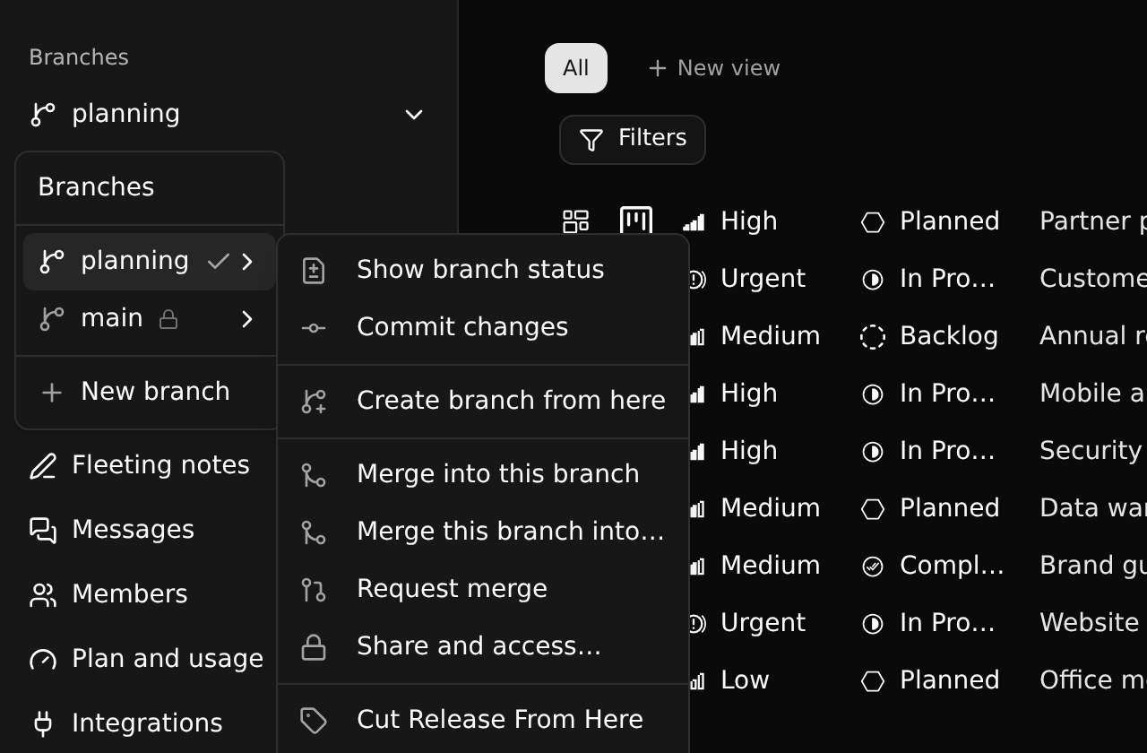 Request merge in a member's branch menu